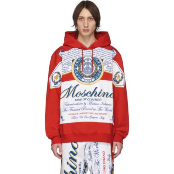 Moschino Budweiser Print Cotton Hooded Sweatshirt | Red | NEW US 6 - Picture 1 of 5